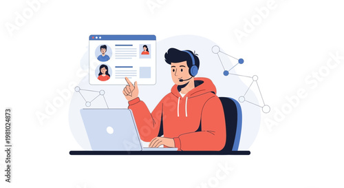 Customer service agent with headset working on laptop, online support, user profiles on screen