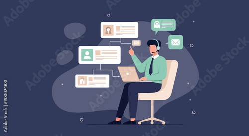 Customer service agent with laptop and headset, managing client data and communication