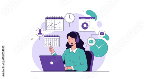 Customer service agent with laptop, calendars, clocks, and communication icons