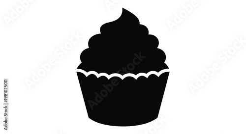 A detailed black silhouette of a frosted cupcake with a decorative wrapper silhouette