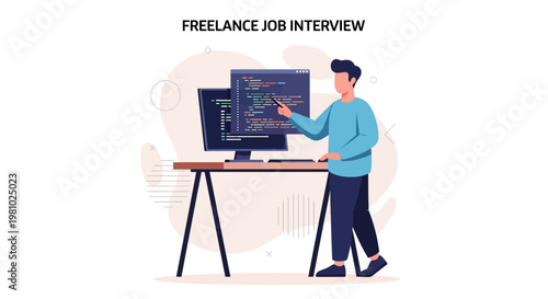 Freelance Developer Interviewing, Coding on Computer Screen, Modern Office
