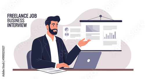 Freelance Business Interview: Man Presenting Charts and Graphs on Screen
