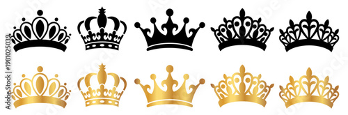 Crown vector icons set, Crown symbol collection, Crown vector illustration, black and golden colors, crown, king, gold, royal, queen, luxury, golden