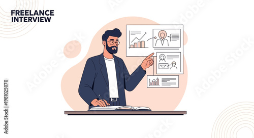 Freelance Interview: Man presenting charts and candidate profiles on screen