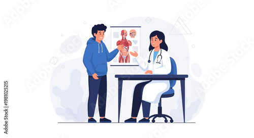 Doctor consulting patient about anatomy chart in medical office