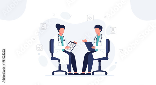 Two doctors in discussion, one holding a clipboard with medical notes