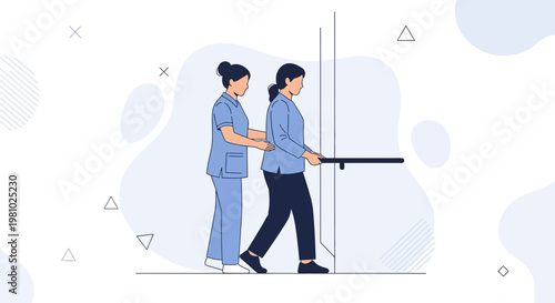 Nurse Assisting Patient Walking with Handrail for Rehabilitation and Physical Therapy