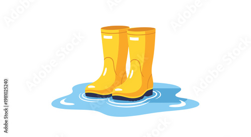 Glossy yellow rubber rain boots rest in a simple blue puddle with white stylized ripples against a plain and minimalist white background environment.
