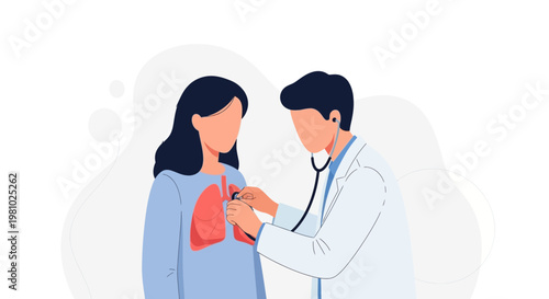 Doctor examining patient's lungs with stethoscope, medical check-up illustration