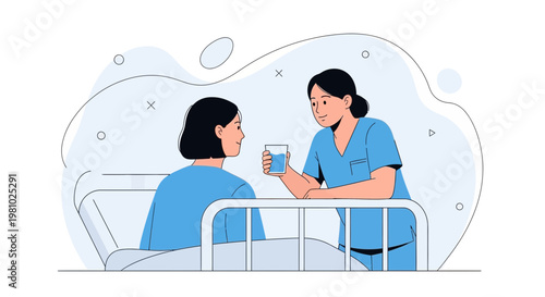 Nurse giving water to patient in hospital bed, healthcare illustration