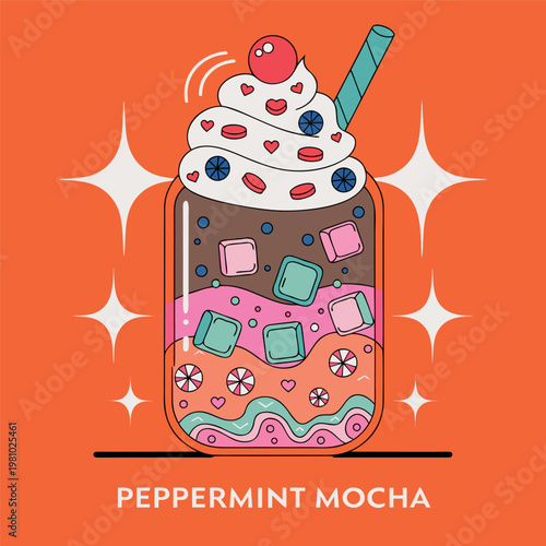 A cute vector illustration of a chocolate milkshake in a glass mug with whipped cream
