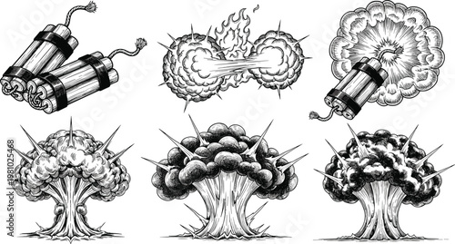 Vintage Dynamite, Explosive, and Nuclear Mushroom Cloud Illustrations with Blast and Fire Effects for Destruction and Action Designs