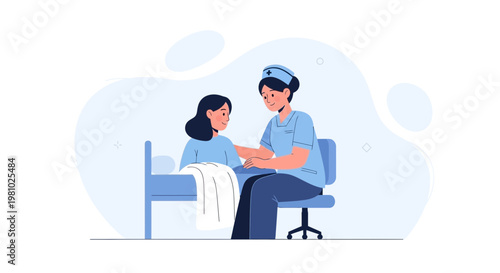 Nurse comforting patient in hospital bed, healthcare illustration