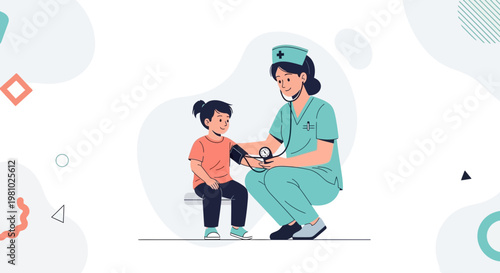 Nurse checking child's blood pressure, healthcare concept illustration