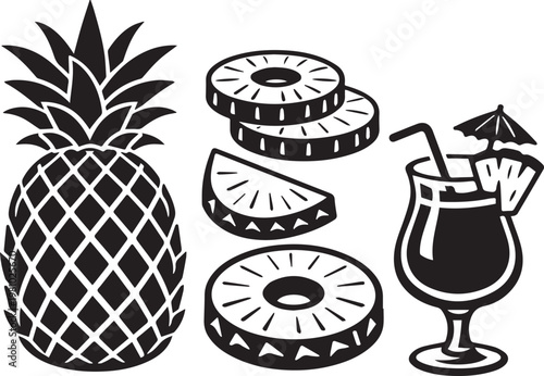 Minimalist Pineapple Dessert Set with Tropical Cocktail Black and White Vector Illustration
