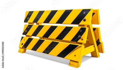 A portable, yellow and black striped construction barricade stands isolated against a white background, suggesting a hazard