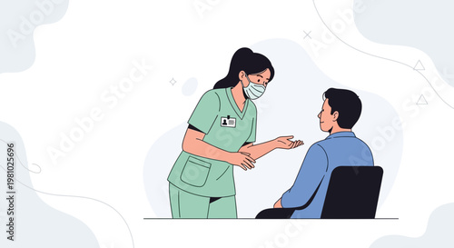 Nurse in mask talking to patient in clinic, medical consultation, healthcare concept