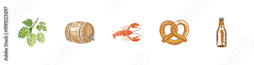 Pub and Brewery Elements with Beer Mugs, Hops, and Seafood in Crayon Engraved Ink Style