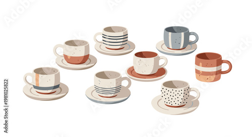 Eight distinct ceramic espresso cups with various patterns like stripes and dots are paired with matching saucers on a clean white surface in soft light.