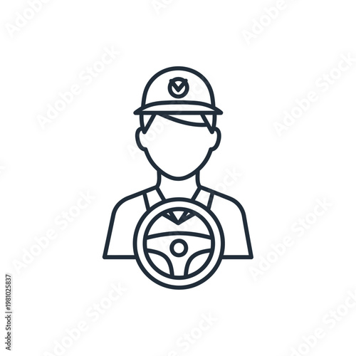 Professional driver wearing a cap, holding steering wheel, isolated white background.