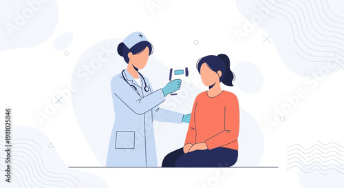 Nurse checking patient's temperature with infrared thermometer, medical check-up concept