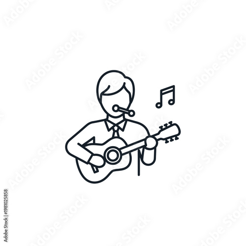 Man playing acoustic guitar and singing with musical notes, musician performing, isolated white background.