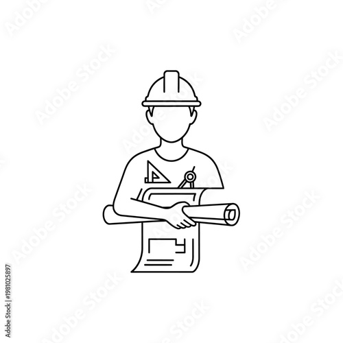 Diligent Architect Holding Blueprints and Tools, isolated white background.