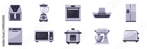Set of kitchen appliance icons, household cooking equipment, refrigerator oven microwave blender toaster, colorful collection with vector flat illustrations