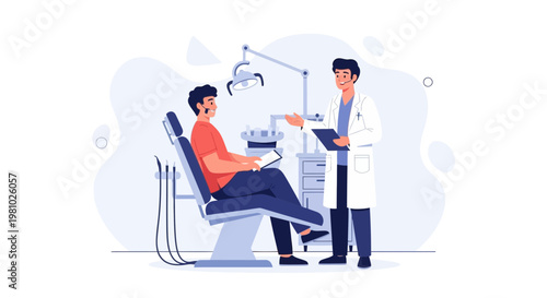 Dentist examining patient in chair, dental clinic interior, modern healthcare illustration