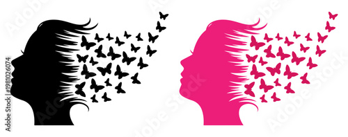 silhouette of a woman's face with hair transforming into a swarm of flying butterflies, vector illustration of a lady with butterfly wings emerging from her hair, woman, butterfly, silhouette, pink
