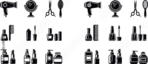 Beauty and Hair Salon Equipment Icons Set Featuring Hair Dryers, Brushes, Scissors, Cosmetics, Bottles, and Accessories for Websites, Apps, and Digital Media