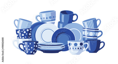 A dense cluster of blue and white ceramic plates and mugs features various patterns including polka dots and horizontal stripes against a white backdrop.