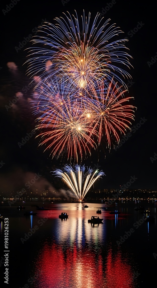 Fototapeta premium Fireworks over dark water.