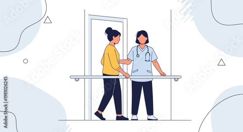 Physical therapy patient walking with nurse assistance using parallel bars