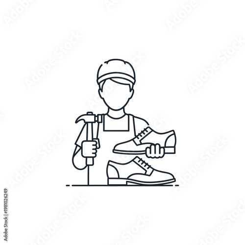 A shoemaker holding a shoe and hammer.