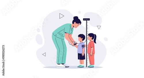 Pediatrician measuring children's height with stadiometer, healthcare concept