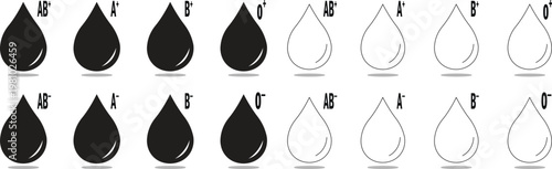 Blood type icon set with black and outline drops A B AB O positive and negative symbols, blood group classification concept, medical healthcare line and flat icon collection