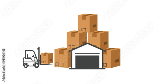 A simple black and white warehouse icon stands before a tall stack of brown cardboard boxes next to a small forklift on a clean white background area.