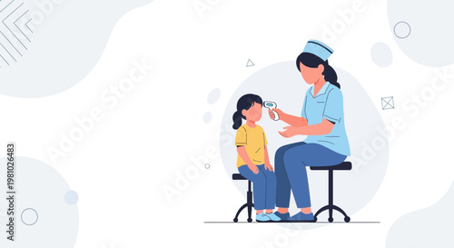 Nurse checks child's temperature with thermometer, healthcare concept