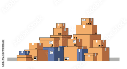 A massive and disorganized pile of brown and blue cardboard boxes of various sizes is stacked high against a plain white background in bright light.