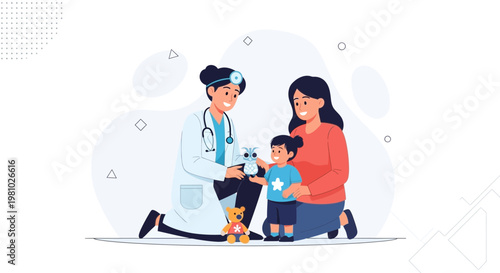Pediatrician with Mother and Child, Doctor Examines Kid, Medical Checkup, Healthcare Illustration