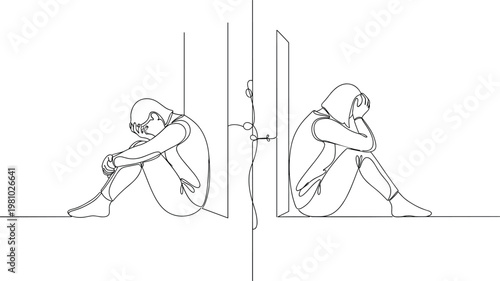 Emotional Separation Concept Line Art Illustration with Sad People Sitting Apart Broken Relationship Mental Health Loneliness and Isolation Minimal Vector Design