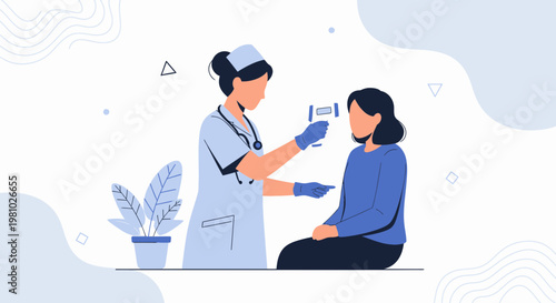 Nurse checking patient's temperature with infrared thermometer, medical checkup concept