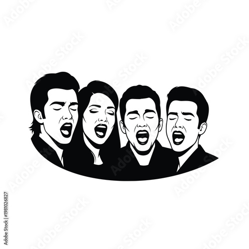 Four people singing with mouths open in unison.