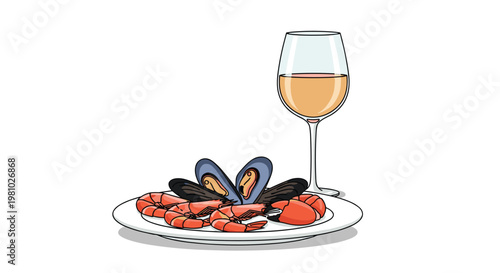 A delicious plate of succulent cooked shrimp and dark mussels sits elegantly beside a tall glass filled with crisp amber-colored white wine on white.