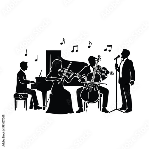 Silhouette of a musical ensemble performing with a pianist, violinist, cellist, and vocalist.