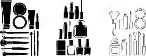 Makeup and Cosmetic Products Icons Set Featuring Lipsticks, Nail Polishes, Brushes, Creams, Bottles, and Beauty Tools for Websites, Apps, and Digital Media