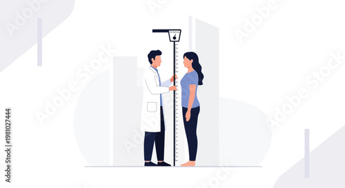 Doctor measuring woman's height on stadiometer, medical check-up, health assessment