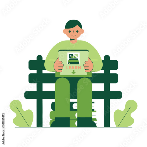 Person sitting on bench reading magazine illustration.