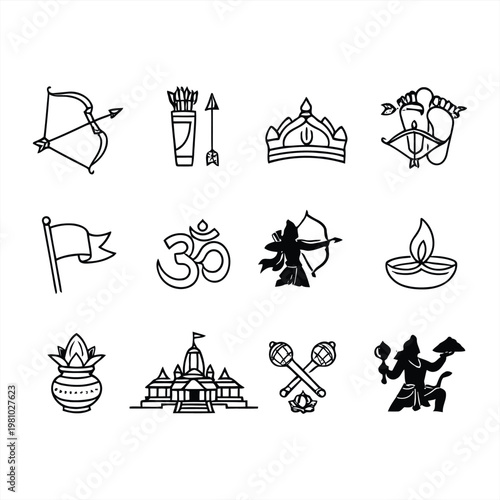 Hindu mythological icons and symbols arranged in rows on white background 